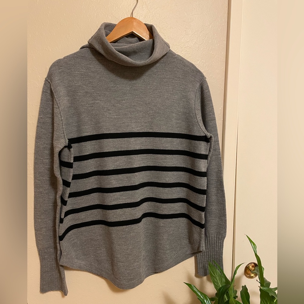 French Connection sweater. Grey & Black striped turtleneck.